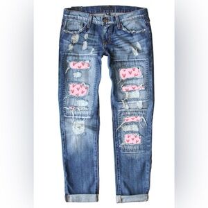 Distressed Denim Jeans with Heart Patches